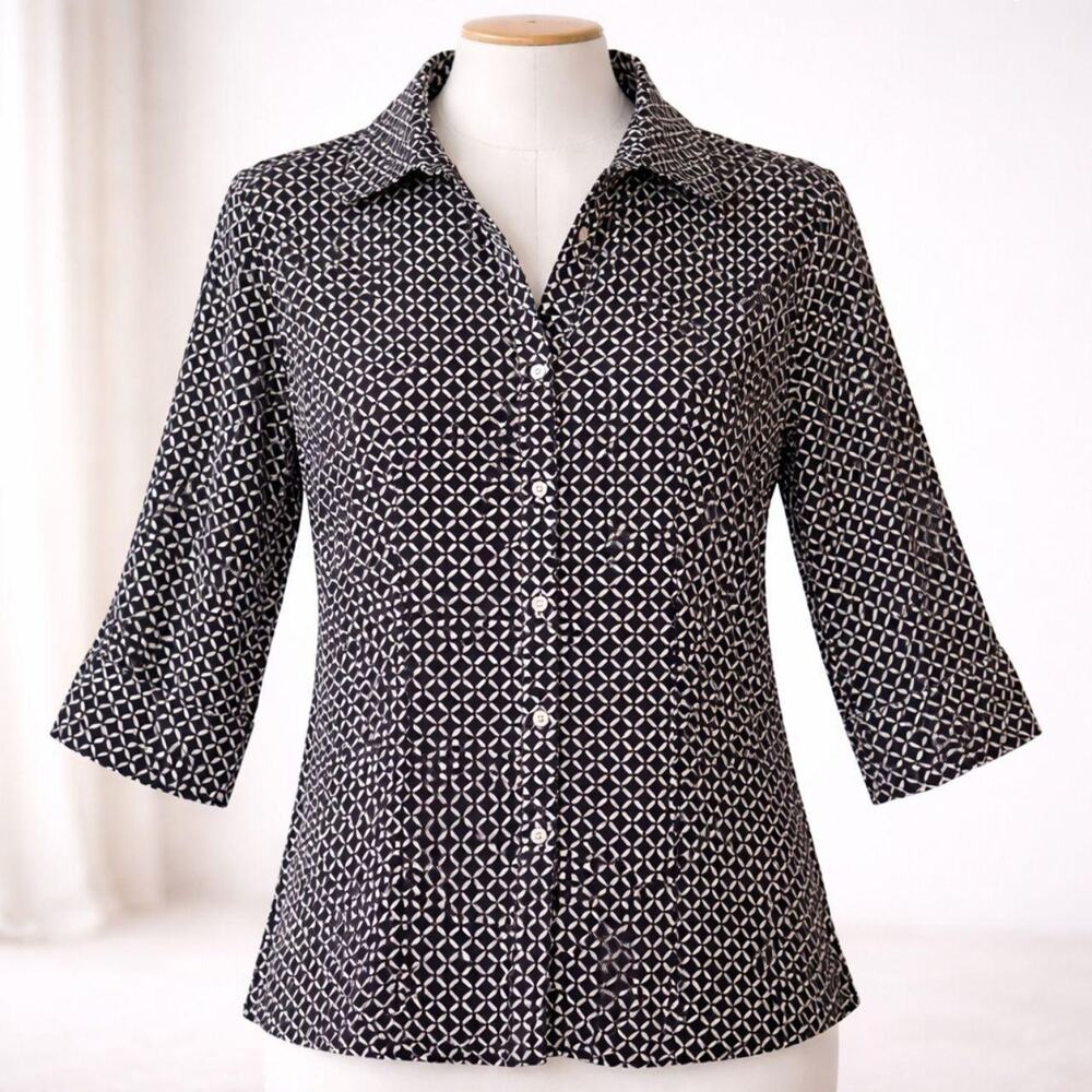 Gold Label Investments Button Down Blouse Black White 14 Geometric Office Wear